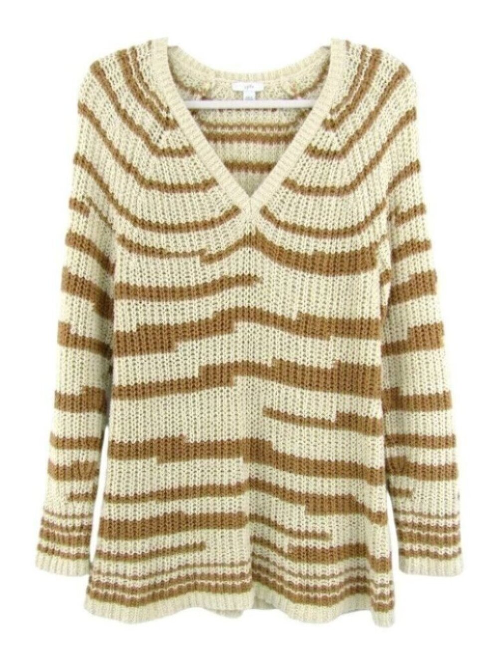 J Jill Cream Brown Stripe Sweater Womens Size L Cotton V Neck Ribbed Long Sleeve